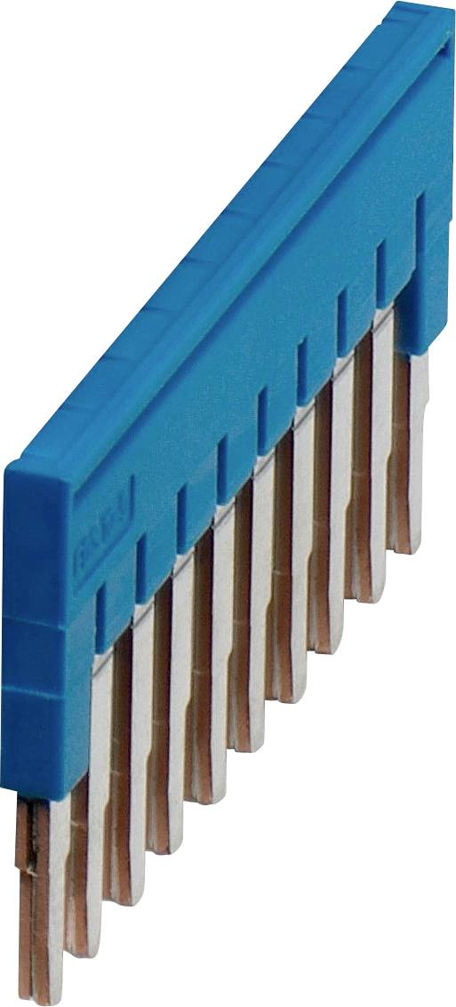 An image of a blue electrical busbar with multiple metal prongs, used for power distribution in electrical panels, angled for visibility.