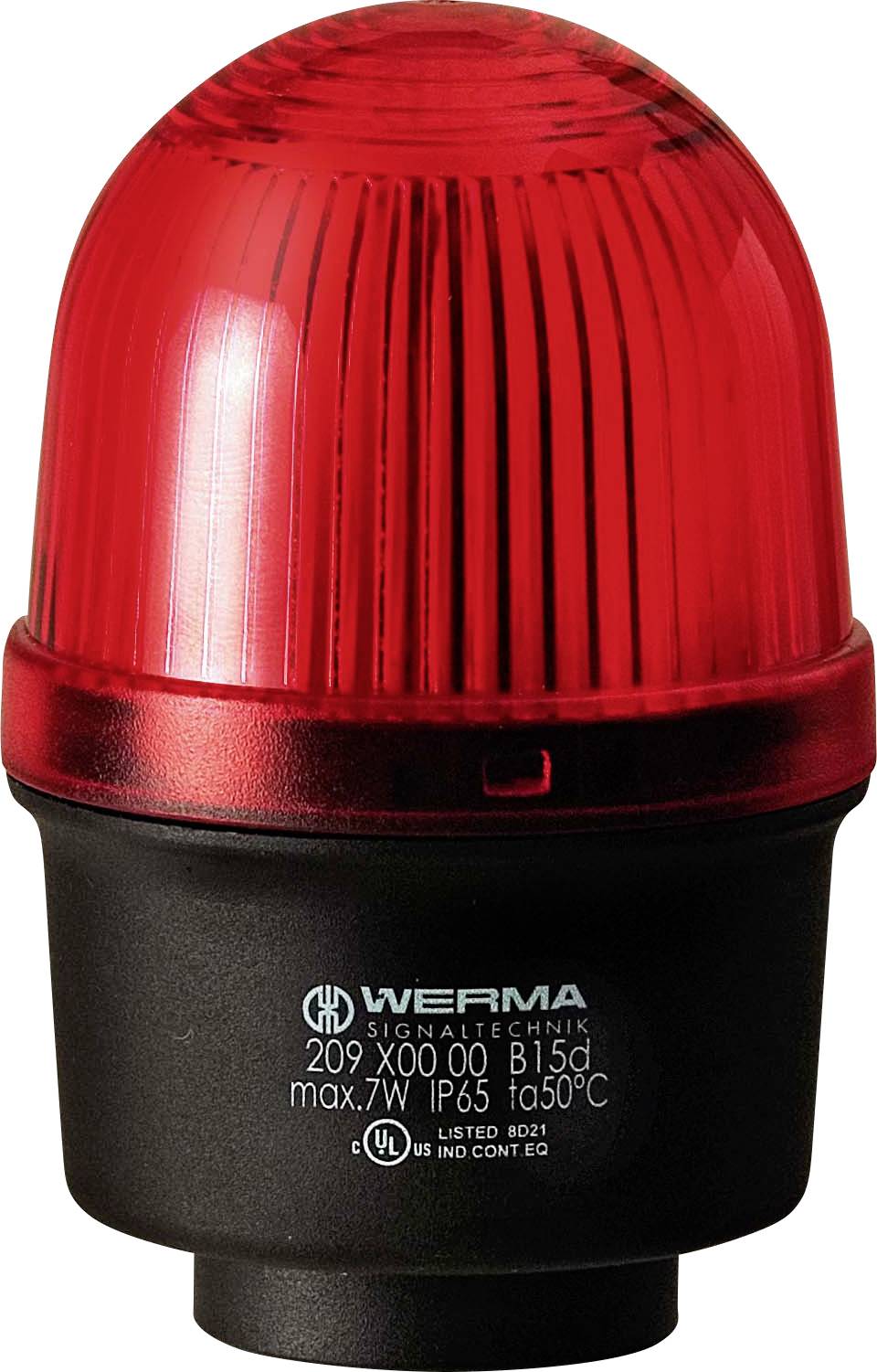A red industrial signal light with a black base, labeled 'WERMA', indicating it operates with a maximum of 7 watts and an IP65 rating.
