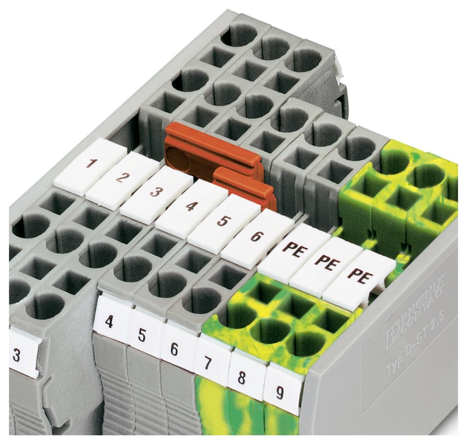 An electrical terminal block with numbered connections and a red lever, used for organizing and connecting multiple wires securely.