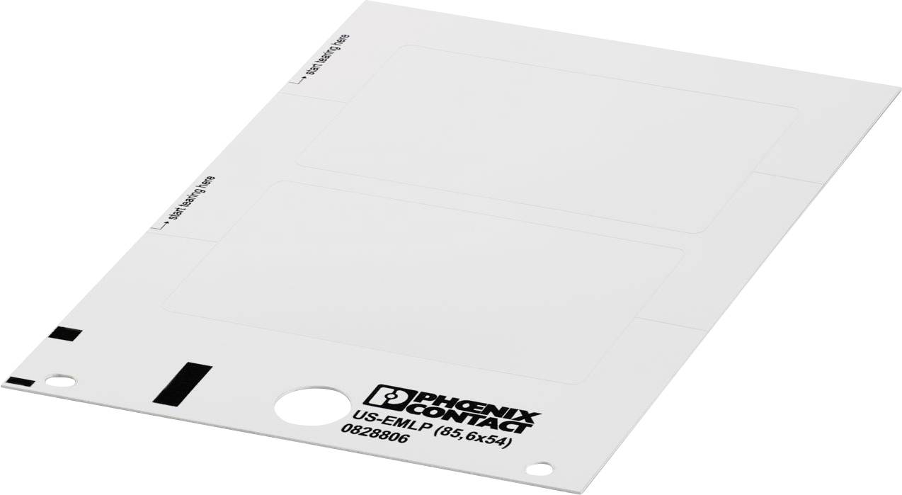 White rectangular sheet from Phoenix Contact, labeled 'US-EMLP (9.5x54)' with product code '0828806', featuring two perforated segments.