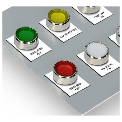 Control panel with four buttons labeled 'Machine On', 'Machine Off', 'Illumination', and 'Vacuum On'. Buttons are in green, red, yellow, and grey.