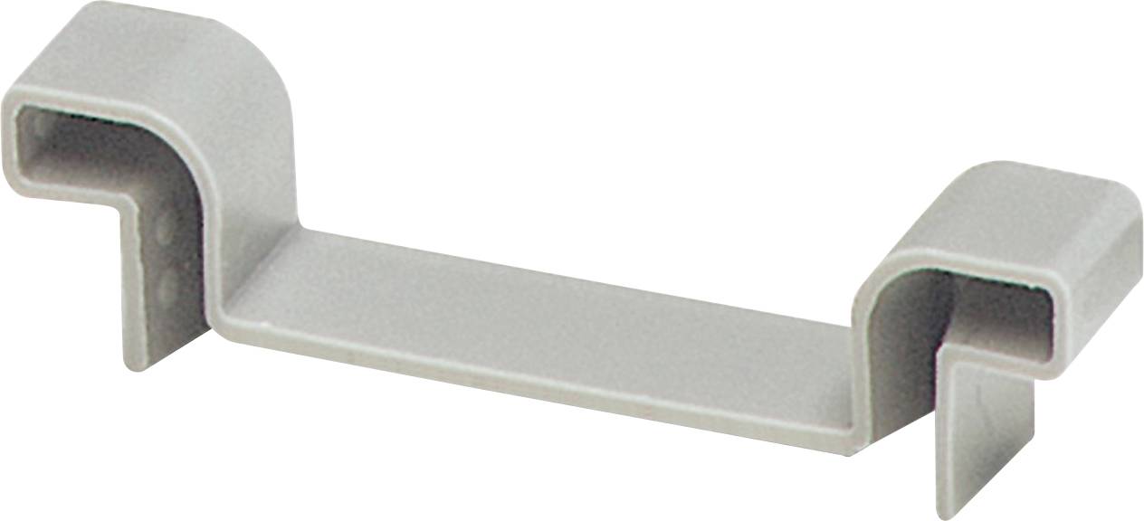 A gray, L-shaped cable management clip with two open slots for securing and organizing cables on a flat surface.