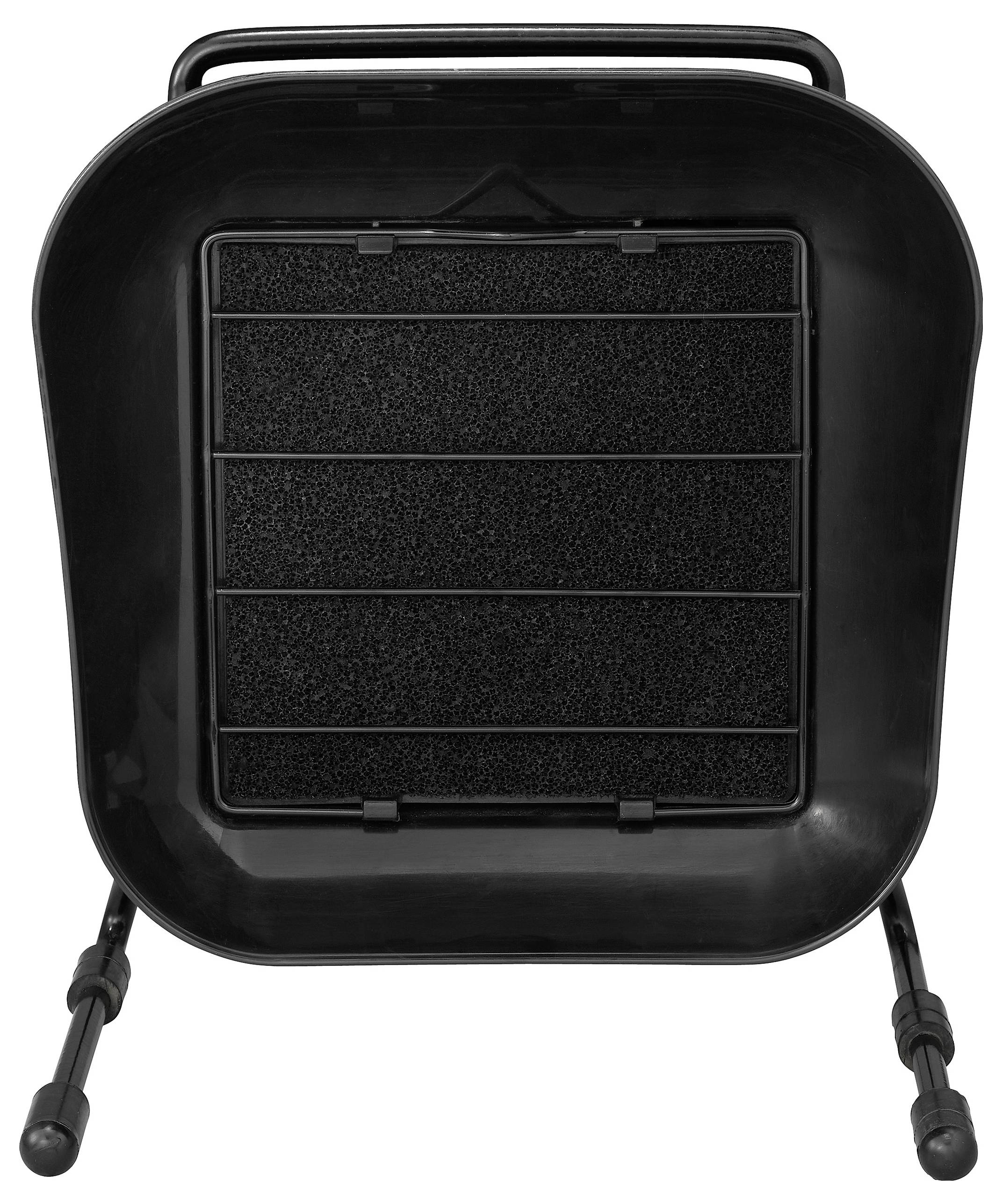 A rectangular, black metal barbecue grill in the foreground, with a simple design and two handles on the sides.