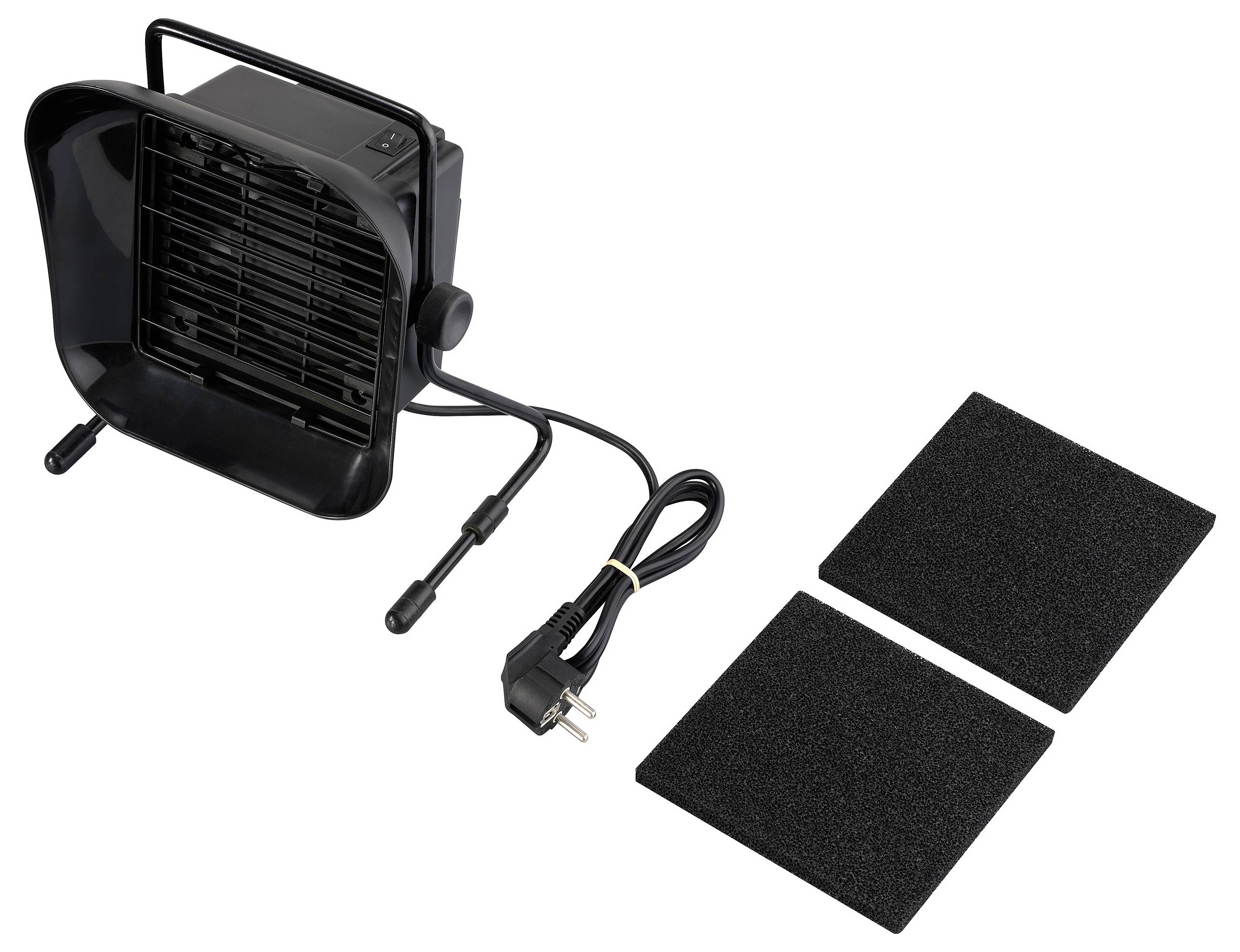 'Soldering iron smoke extractor with mains cable and two replacement filters for removing smoke during soldering.'