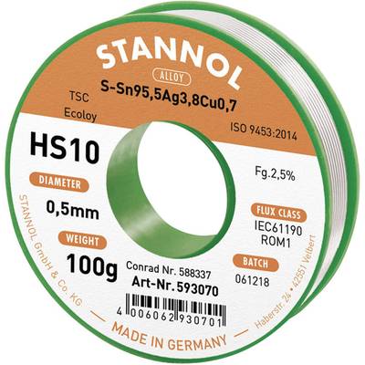 Stannol HS10 2510 Solder, lead-free Reel Sn95,5Ag3,8Cu0,7 ROM1 100 g 0.5 mm
