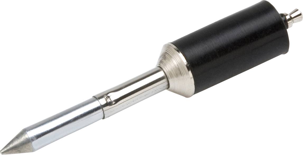 A soldering iron tip with a pointed metal tip and black handle, suitable for soldering small electronic components.