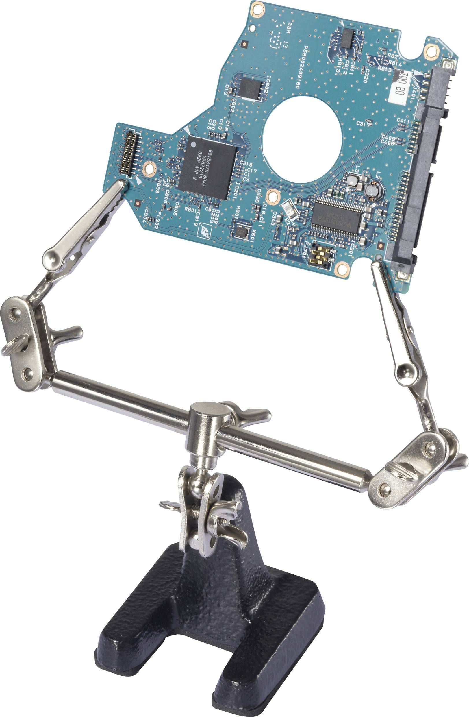 A green circuit board is held by a metal bracket with several articulated arms.