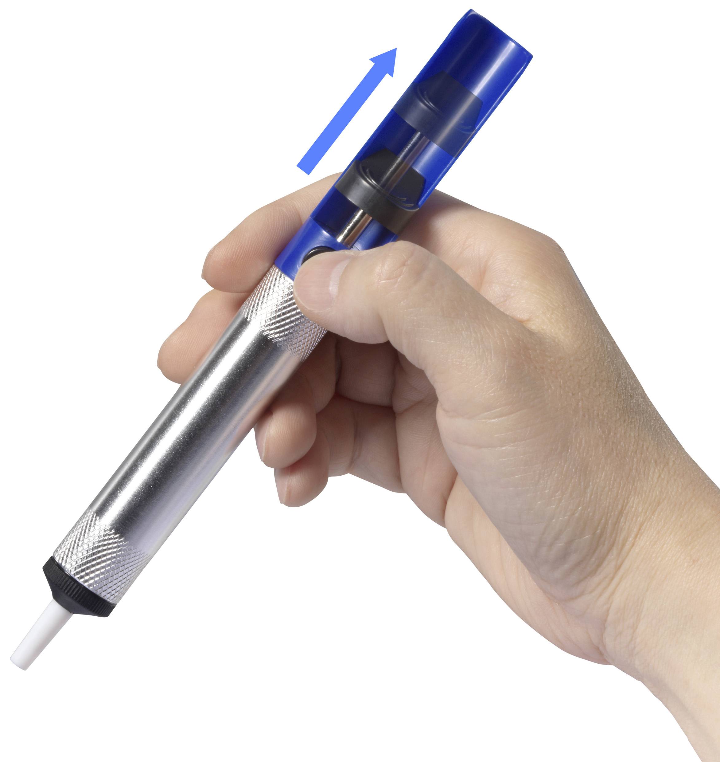A hand is holding a soldering iron. A blue arrow indicates the direction of the iron's mechanism.