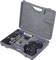 Open grey toolbox with soldering iron set: soldering iron, stands, cables and accessories for electronics repair.