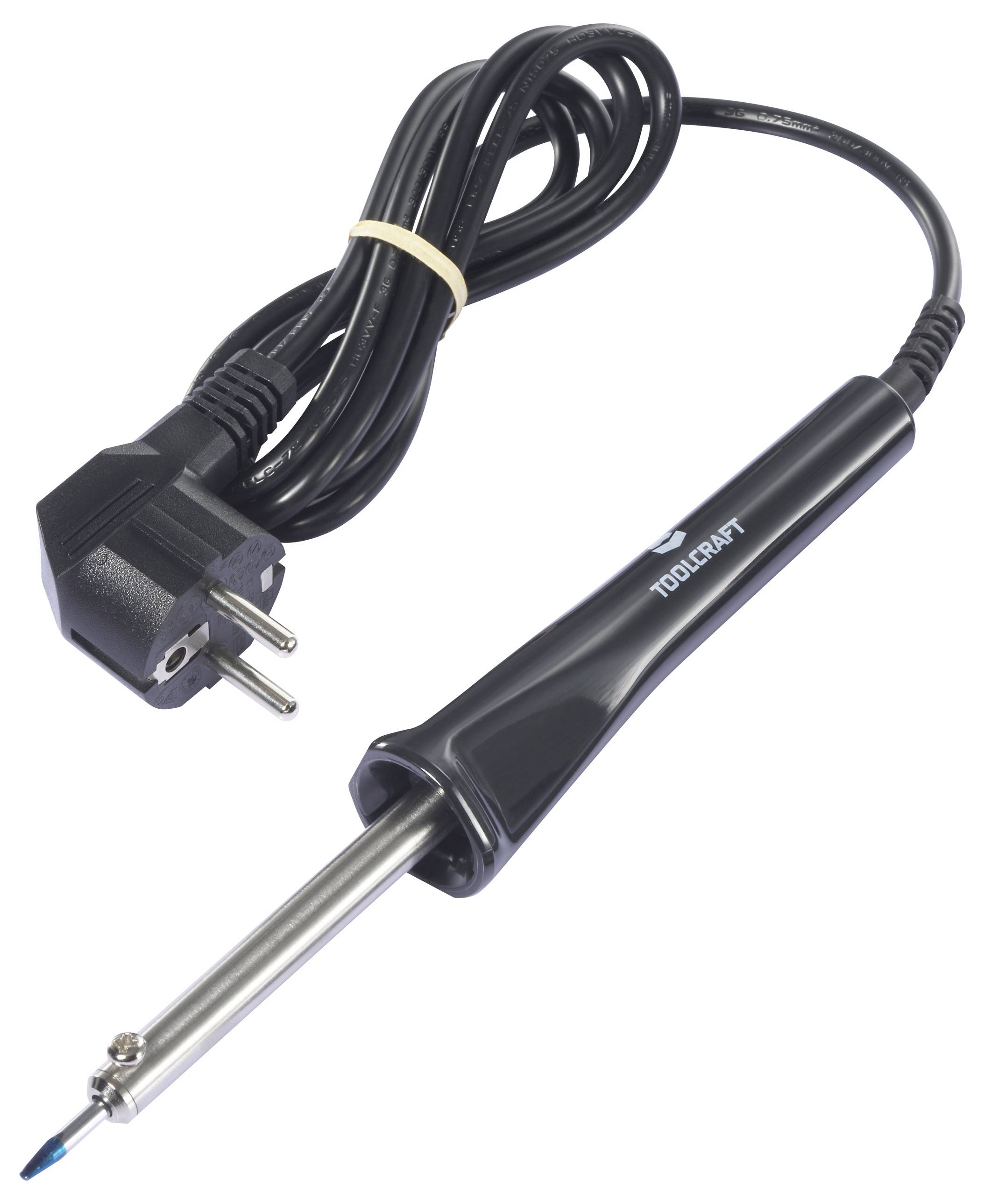 Soldering iron with black handle and EU plug, suitable for electronic repairs.