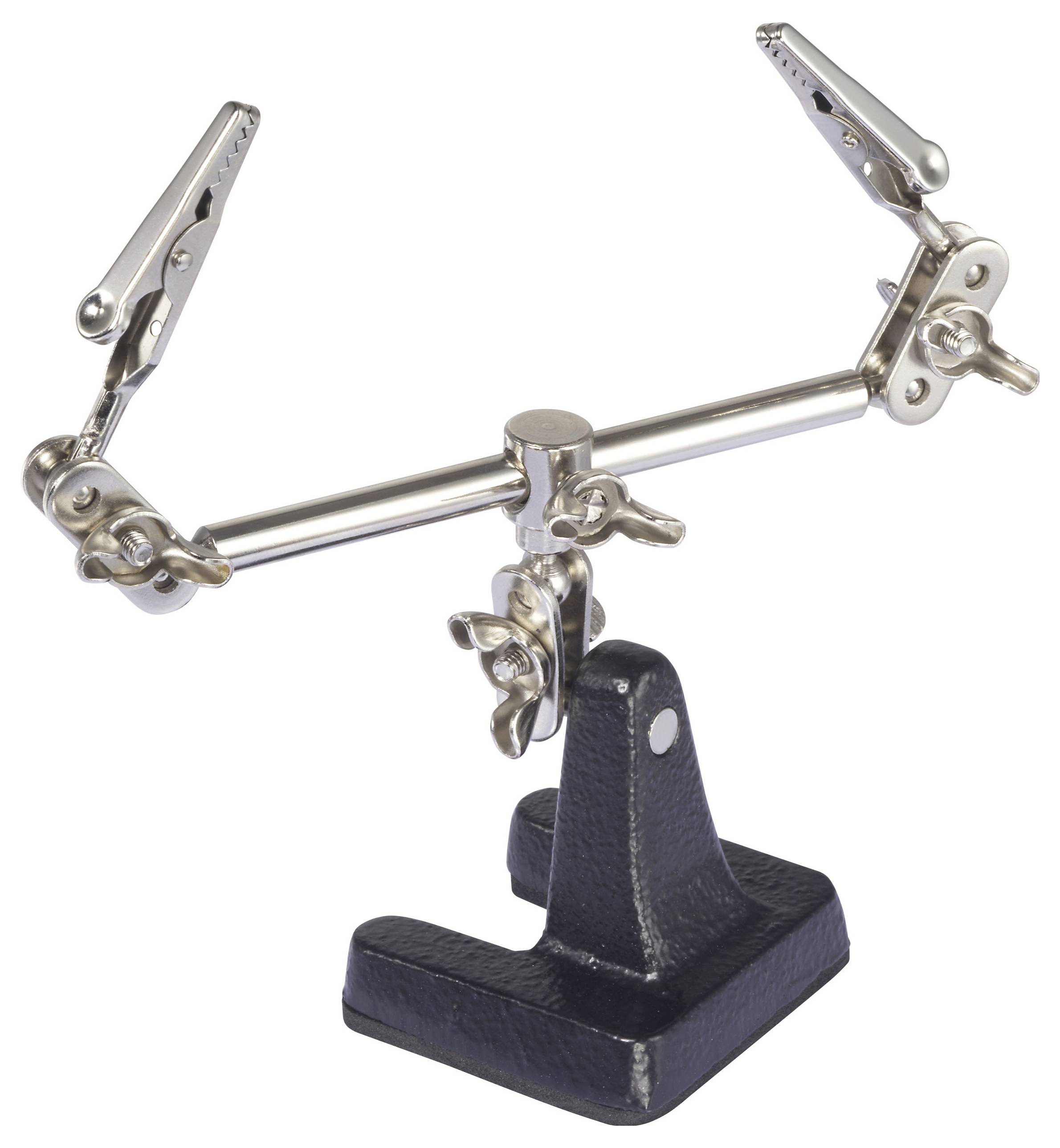 A third-hand soldering tool with two adjustable clamps on flexible holders mounted on a sturdy base.