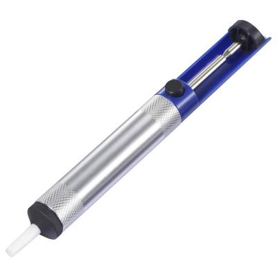 Soldering pump, cylindrical, silver metal with blue plastic handle, for removing excess solder from circuit boards.