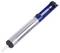 Soldering pump, cylindrical, silver metal with blue plastic handle, for removing excess solder from circuit boards.