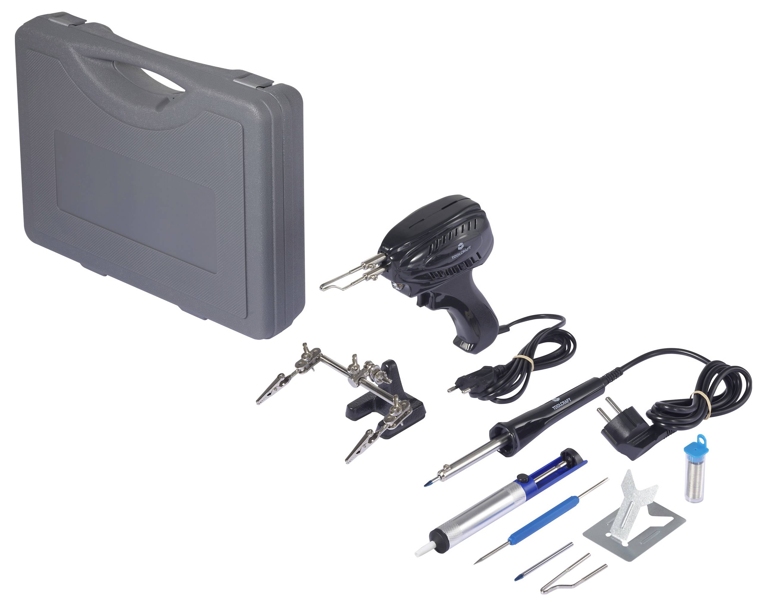 A soldering set consisting of soldering iron, soldering iron stand, solder wire, base stand, a screwdriver, tweezers and a carry case.