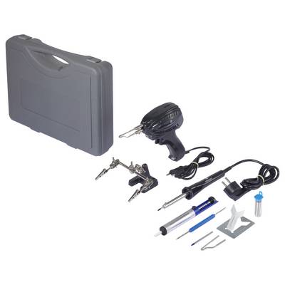 A soldering set consisting of soldering iron, soldering iron stand, solder wire, base stand, a screwdriver, tweezers and a carry case.