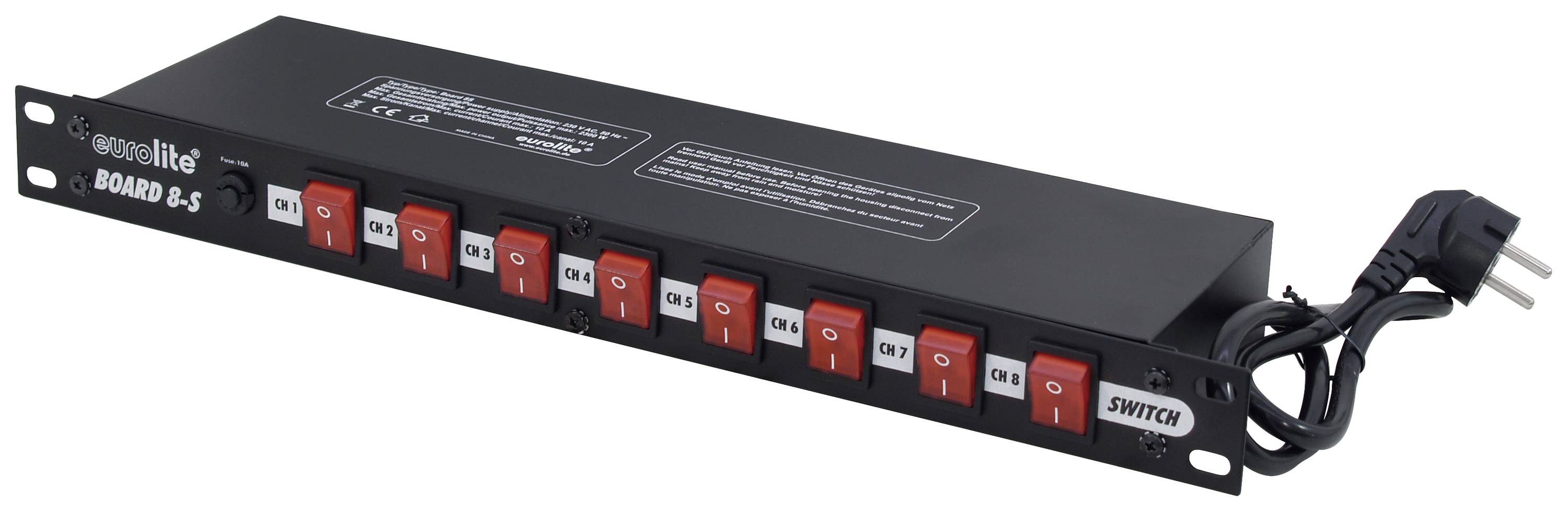 'Power board 8-5' with eight red toggle switches, black and white numbers, sockets along the side, black power cable on the right.