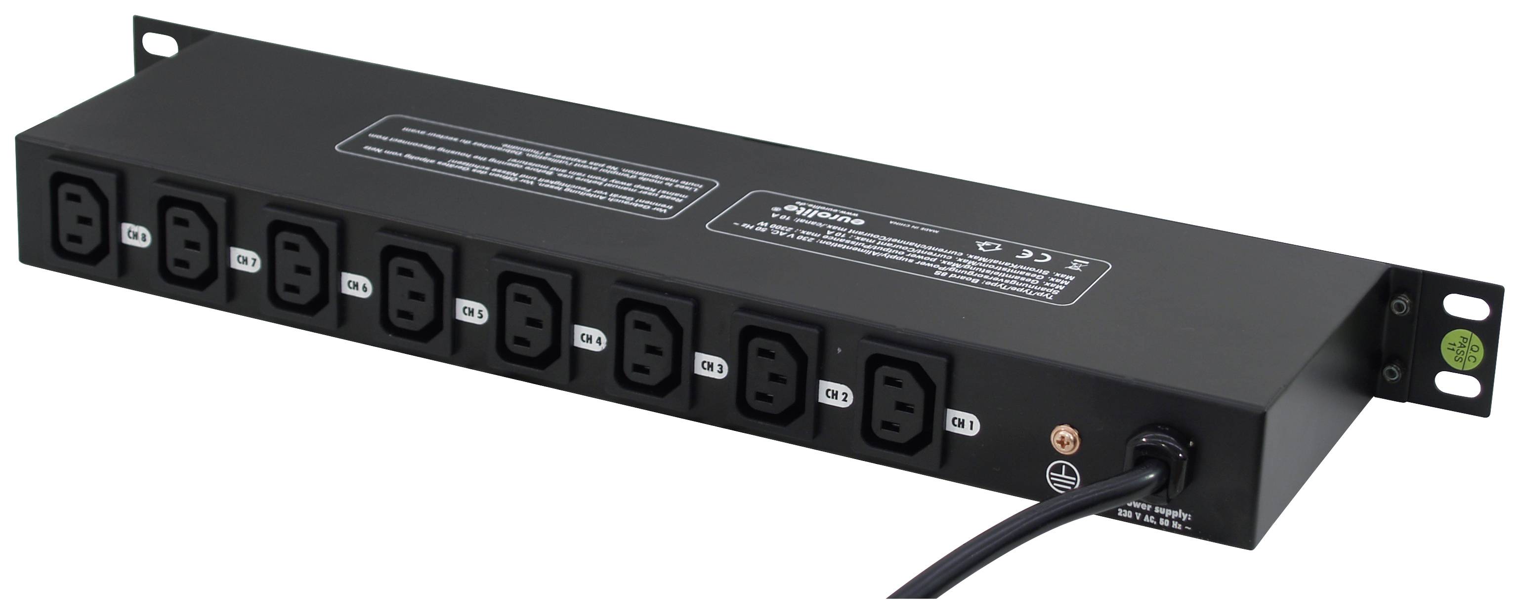Power distribution unit with eight sockets and an on/off switch, suitable for rack mounting in server rooms.