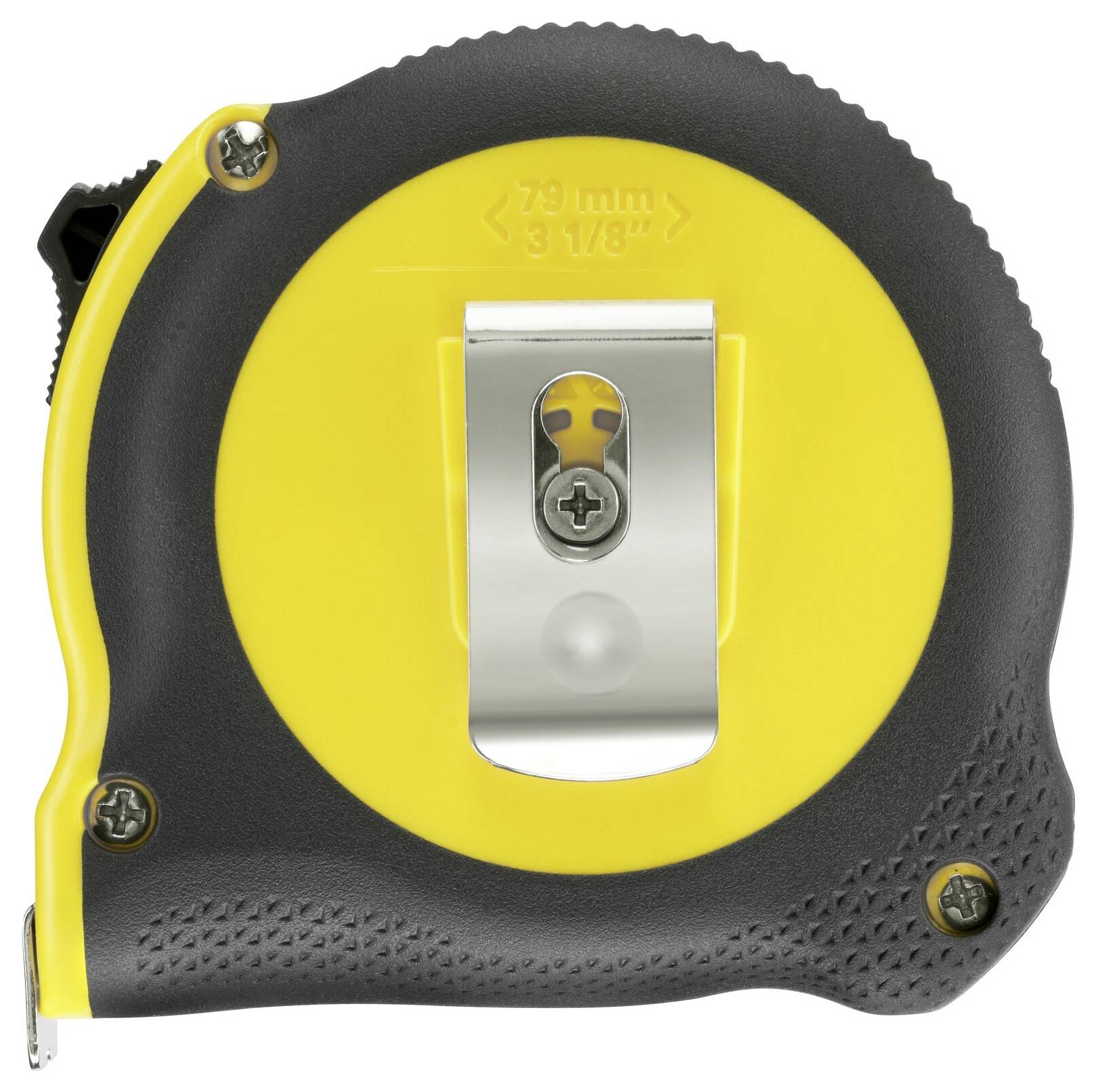 Yellow and black tape measure with a metal clip on the back, showing a diameter of 79 mm (3 1/8 inches).
