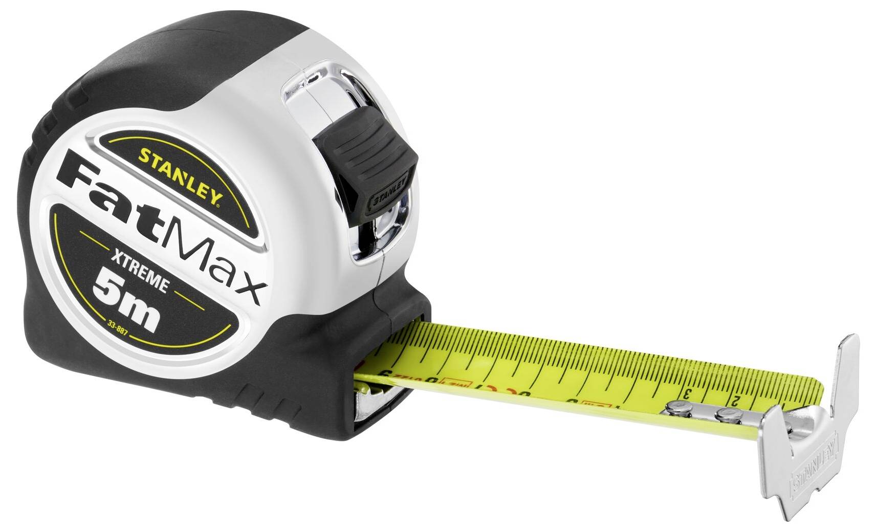 Black and silver tape measure with yellow band, showing 'Stanley FatMax' and '5m'.