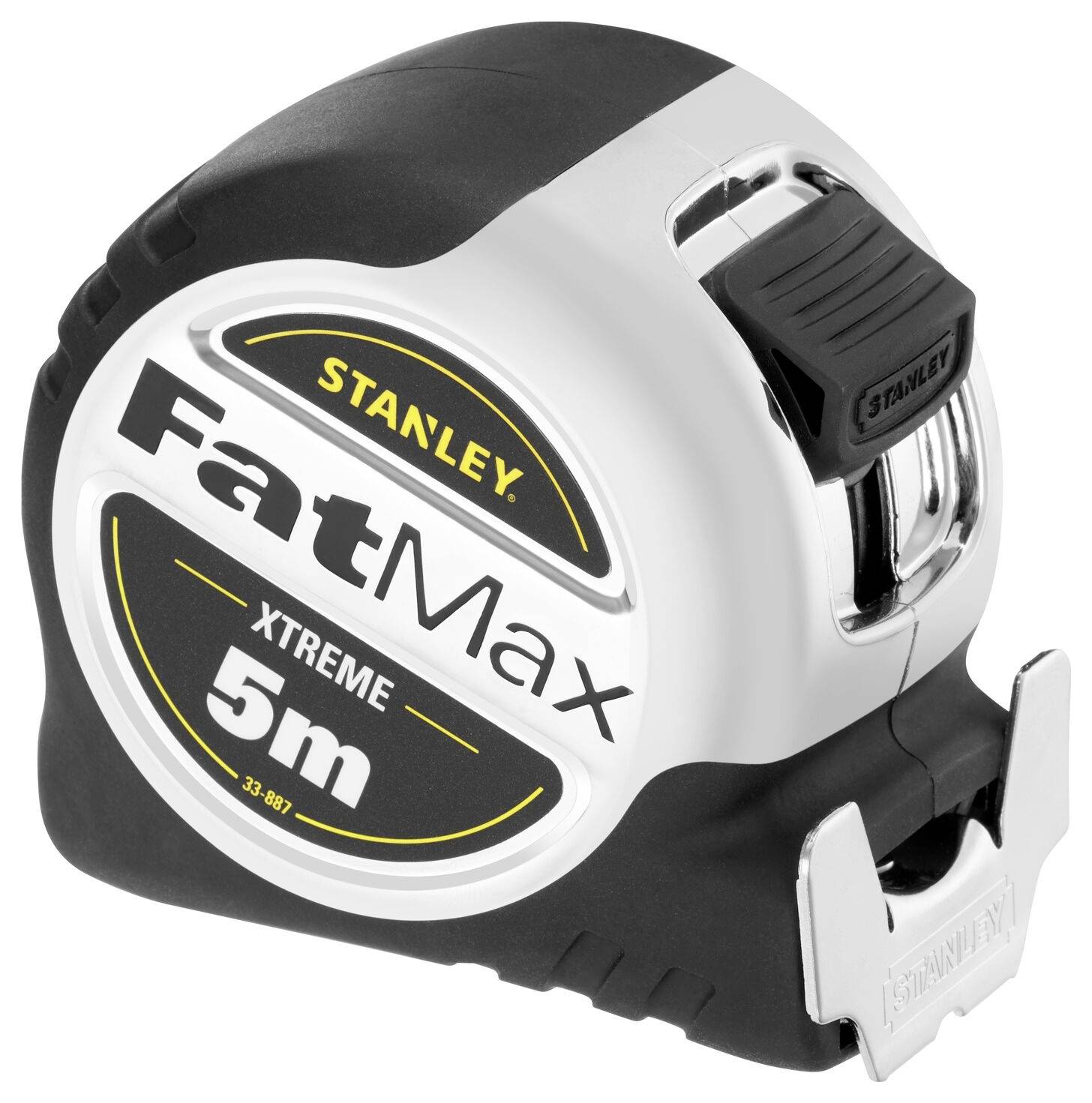 A tape measure with the inscription 'Stanley FatMax Xtreme 5m', suitable for precise measuring with a robust design for professional use.