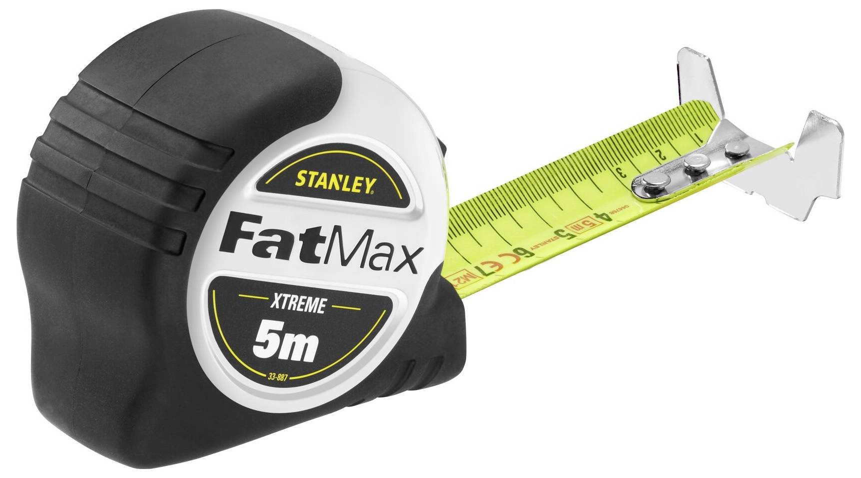 'Stanley FatMax 5m' tape measure with yellow, extended scale, robust design for precise measuring.
