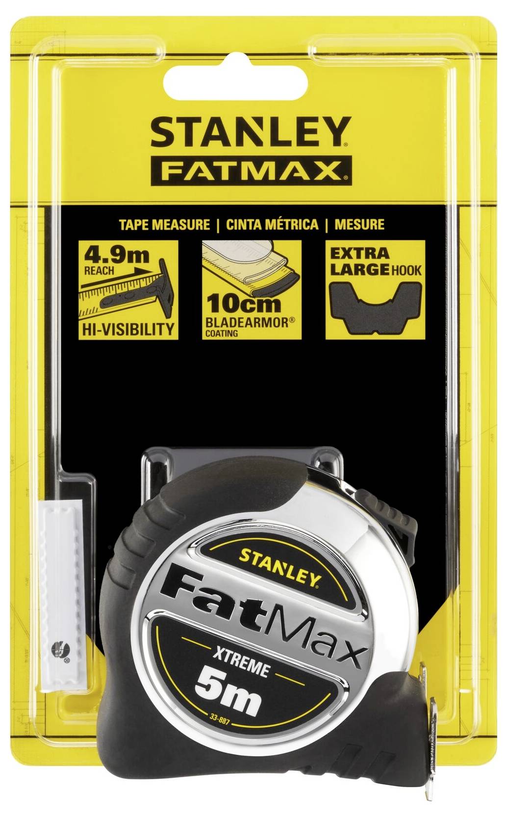 A Stanley FatMax Measuring Tape, 5m length, yellow and black packaging. Extra large hook, high visibility and 10cm BladeArmor coating.