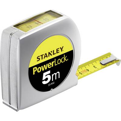 A 5-metre tape measure by Stanley with a yellow tape and a metal hook, partially extended.