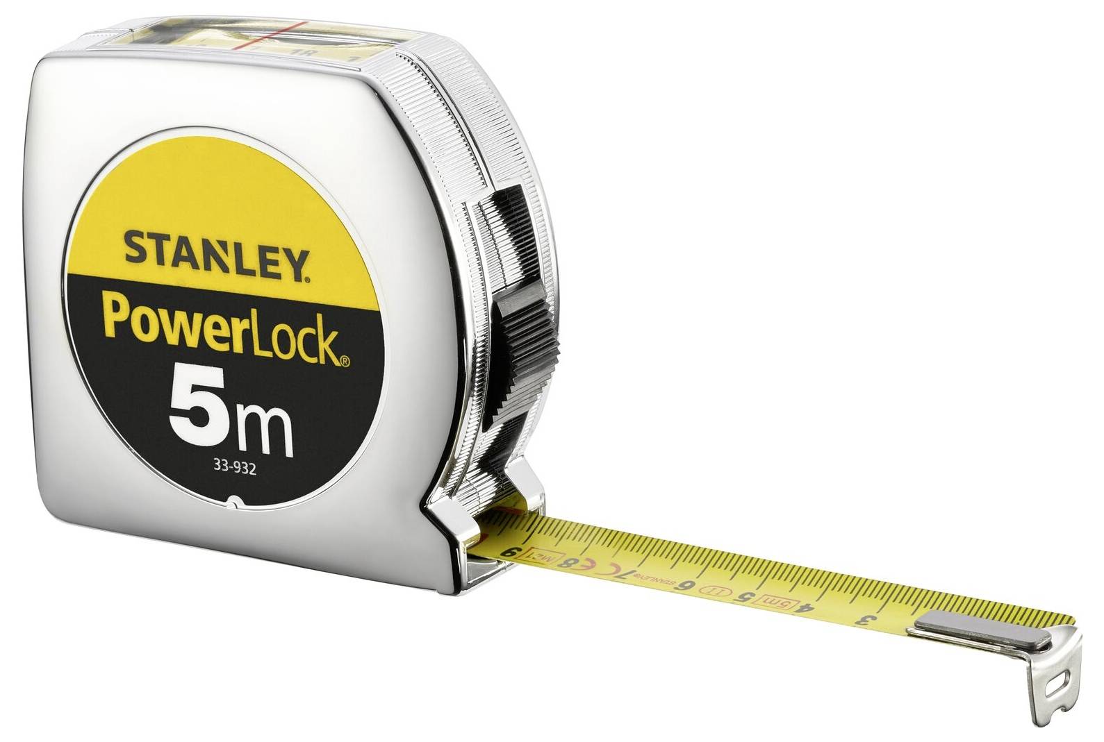 A rolled-out measuring tape, length 5 metres, from the 'Stanley PowerLock' brand. Silver casing with a yellow, marked tape.