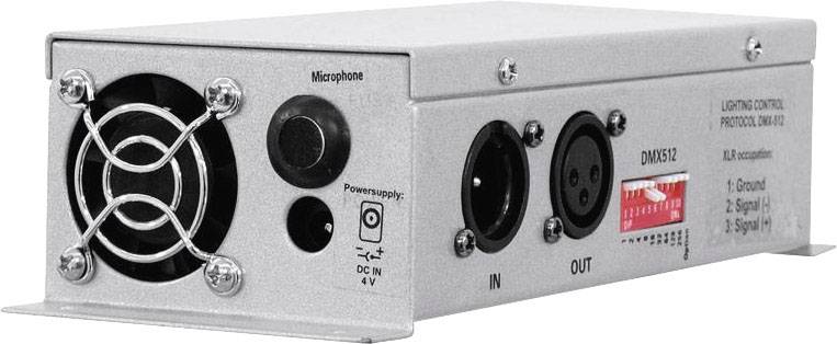 A silver, rectangular electronic device with a fan, microphone and power connection, along with input and output ports, labelled 'DMX512'.