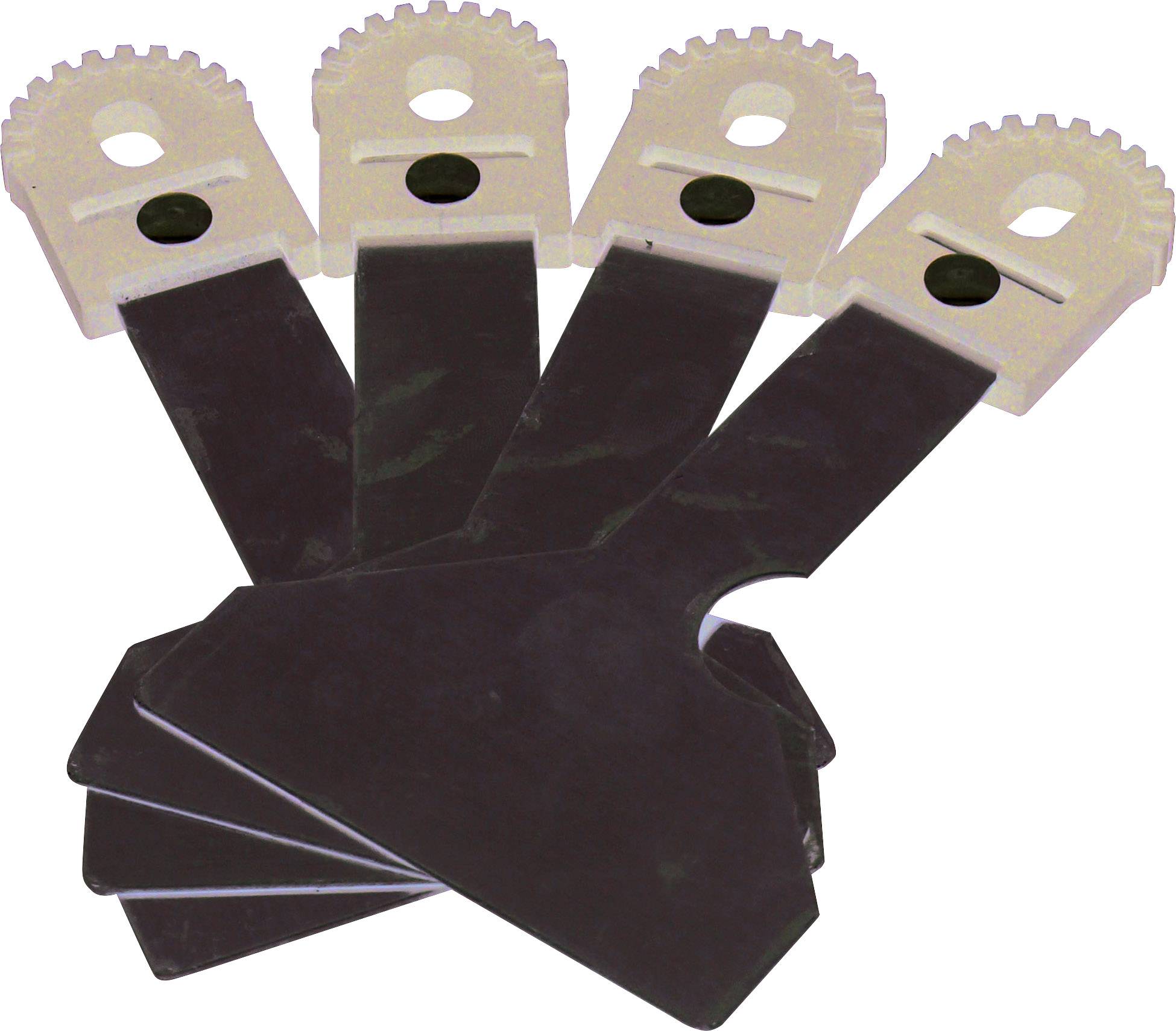 Five multi-functional saw blades in a fan arrangement, lying side by side, with a serrated gear connection. Suitable for various cutting techniques.