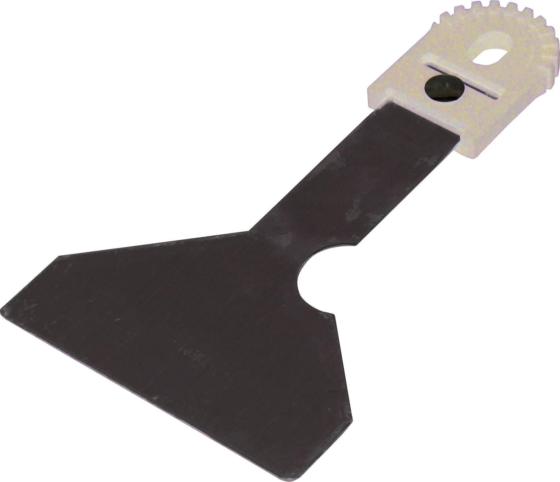 A metal scraper with a wide, flat blade and a serrated handle attachment, suitable for scraping or removing paint residue.