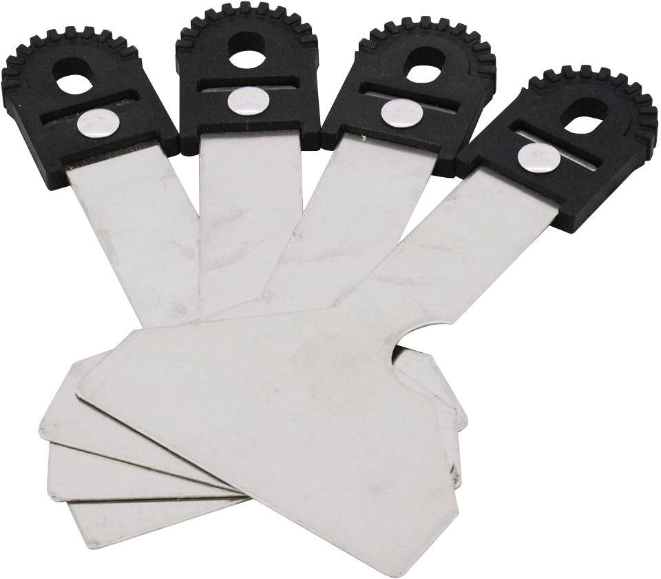 Four metal saw blades with black plastic holders, arranged in a fan-like formation. Suitable for saws with corresponding mounting systems.