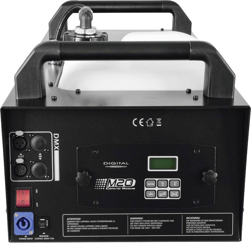 Fog machine with two handles and control panel. Back view shows connections and warning labels. Model designation 'M20' on the front.