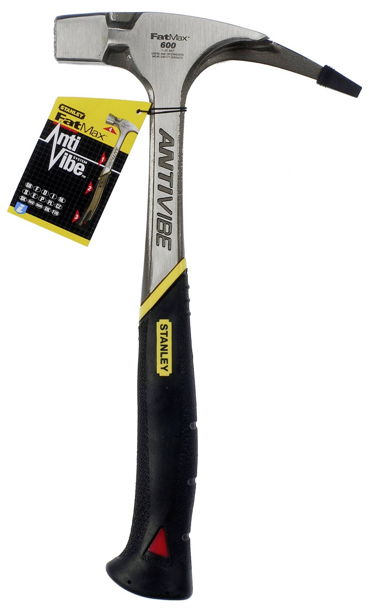 A hammer with 'FATMAX' printed on it, silver head, black handle with a yellow accent, labelled with a tag.