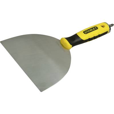 Stanley putty knife with a yellow and black handle, used for plastering or smoothing surfaces.