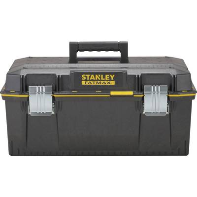 Black toolbox with yellow 'Stanley Fatmax' logo and two silver locks on the front.