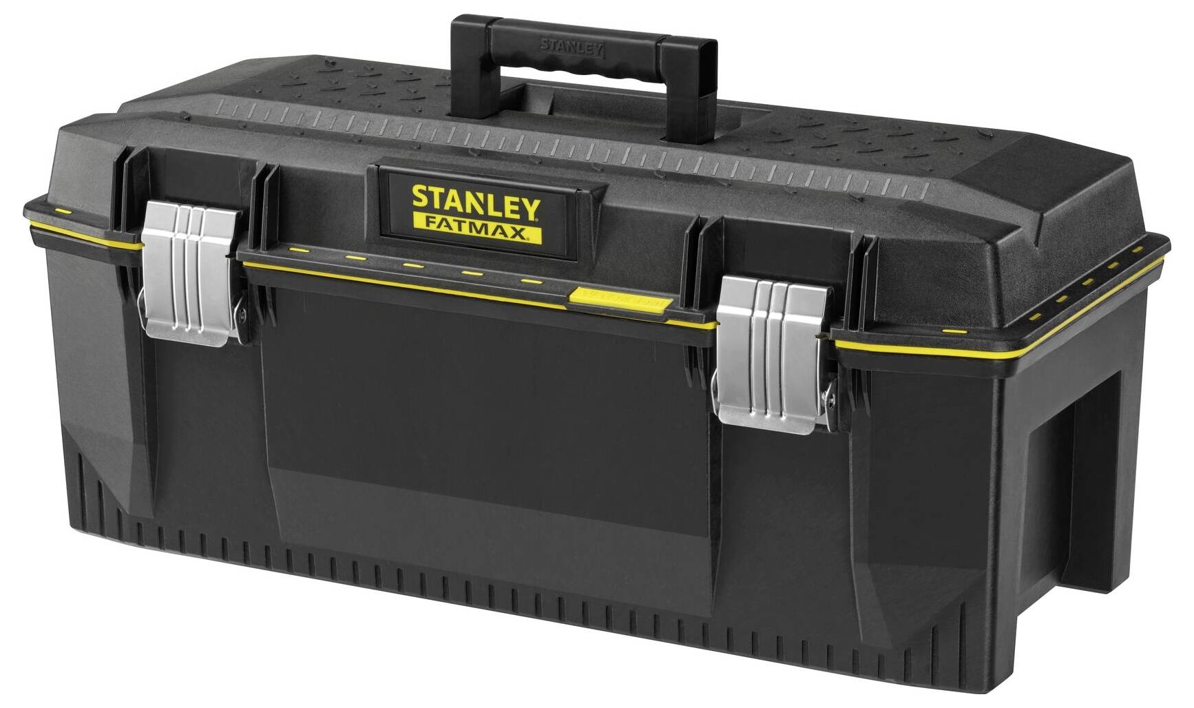 Black 'STANLEY FATMAX' toolbox with yellow accent and silver catches. Carrying handle on top, rectangular shape.