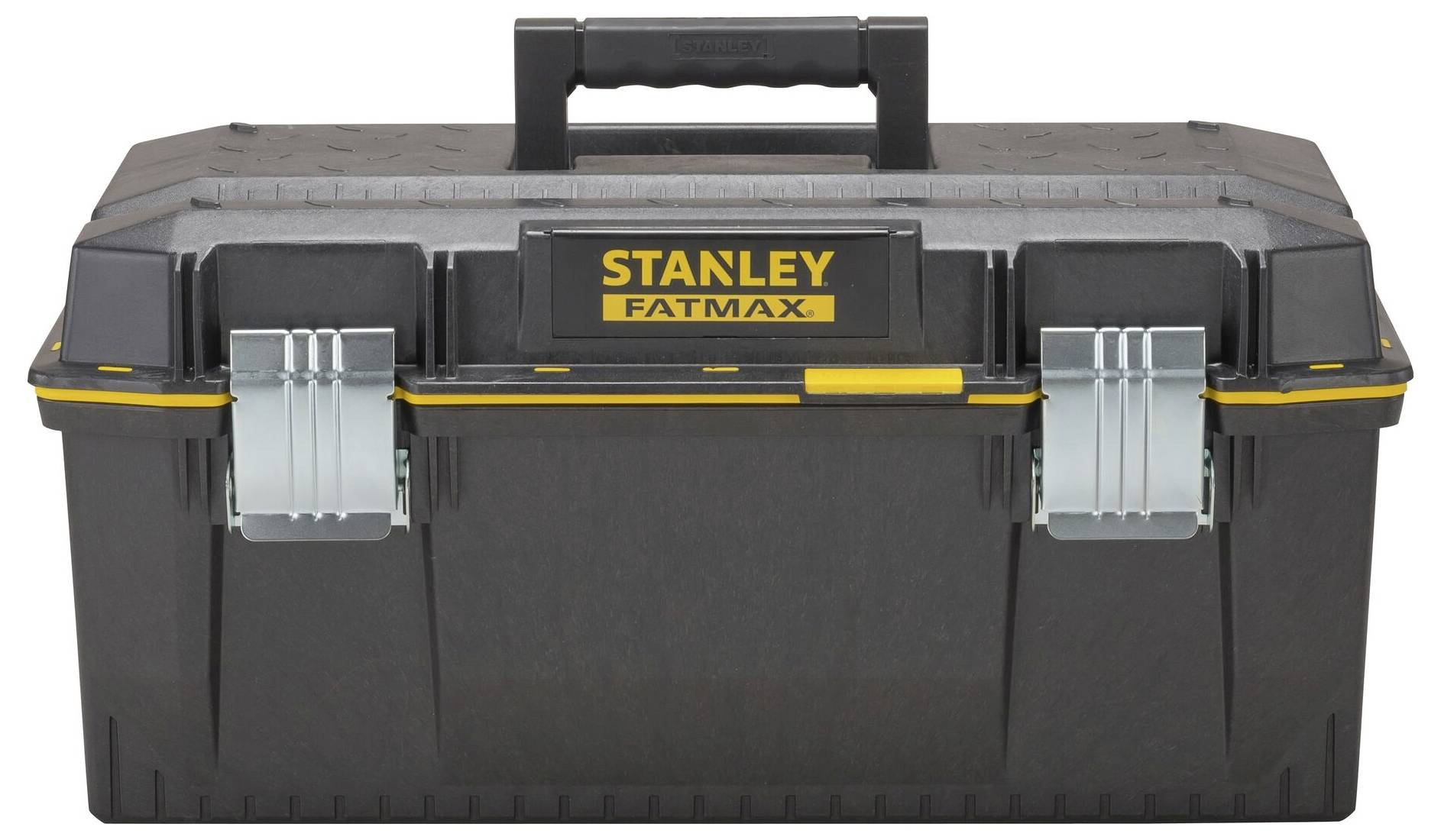 A black toolbox with a 'Stanley Fatmax' logo on the lid. The box has metal latches and a carrying handle.