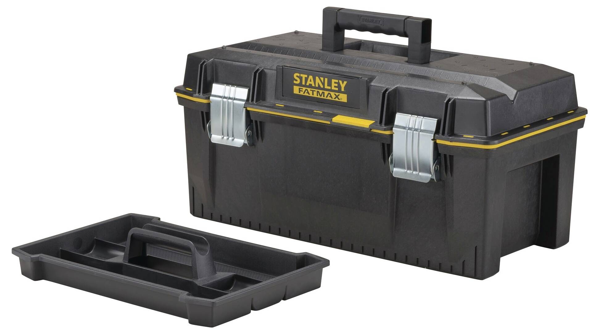 Black toolbox with removable insert and handle, yellow 'Stanley Fatmax' logo on the lid, two silver latches.