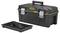 Black toolbox with removable insert and handle, yellow 'Stanley Fatmax' logo on the lid, two silver latches.