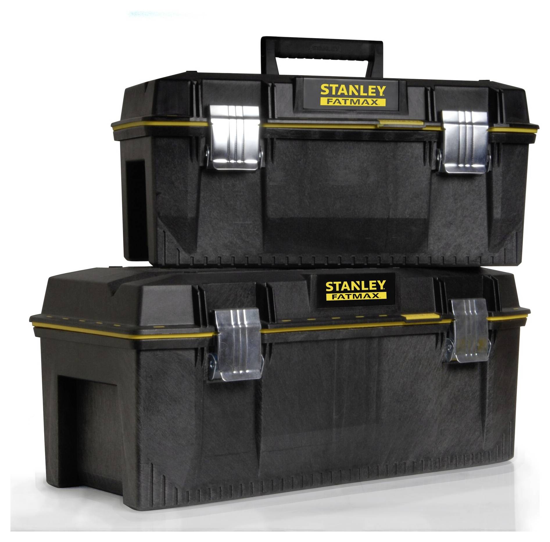 Two black toolboxes, stacked on top of each other; both with yellow 'Stanley Fatmax' lettering, silver locks and handle.