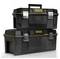 Two black toolboxes, stacked on top of each other; both with yellow 'Stanley Fatmax' lettering, silver locks and handle.