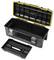 An opened black toolbox with a yellow border and a removable internal compartment. Robust with metal clasps.