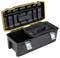 An open black toolbox with a yellow border, featuring a removable compartment and two metal clasps.
