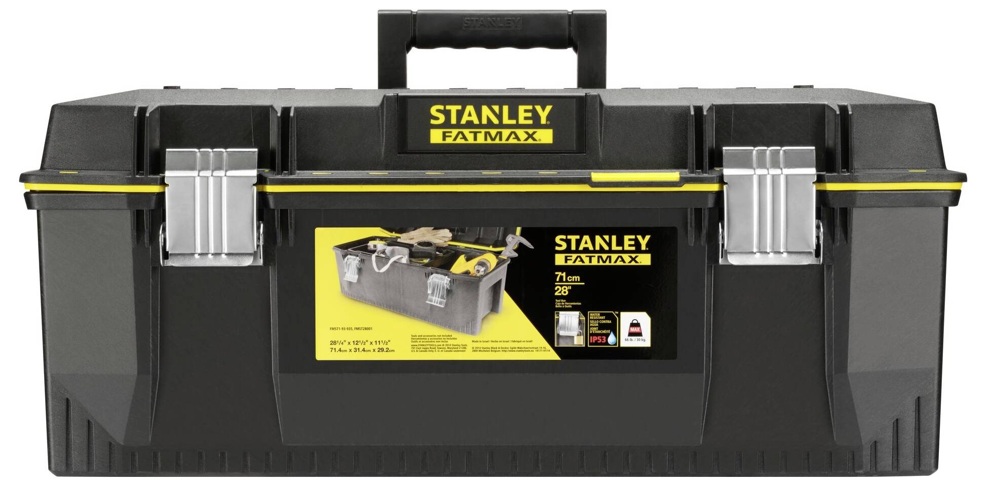 Black toolbox with 'STANLEY FATMAX' in yellow. Two silver locks. Central yellow label shows illustration of contents.