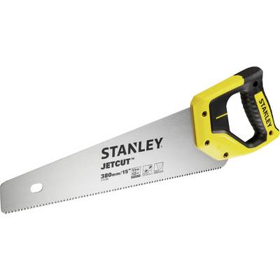 Stanley JetCut handsaw, 380 mm long, with an ergonomic yellow and black handle and fine-toothed blade for precise cutting.