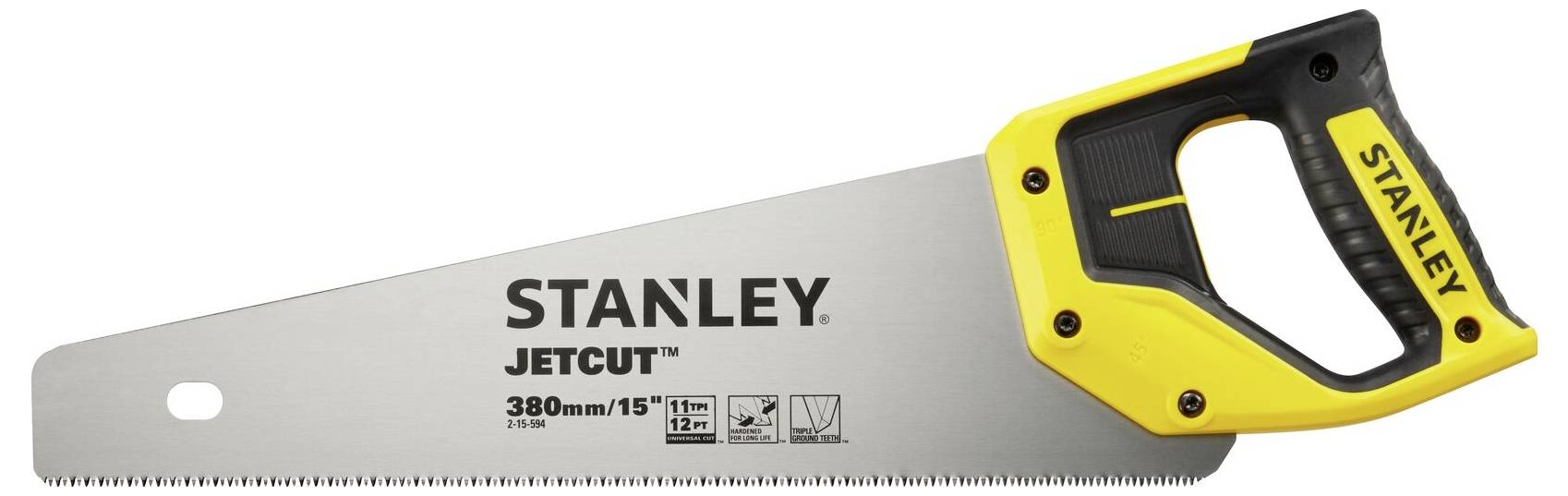 Saw with yellow handle, brand 'Stanley', model 'JetCut', 380 mm length.