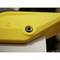 Close-up of a yellow saw with a screw head. The blade is metallic and shows a 45-degree marking.