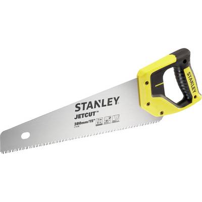 Hand saw with yellow and black handle, Stanley JETCUT brand, 380 mm long. Suitable for cutting wood and other materials.
