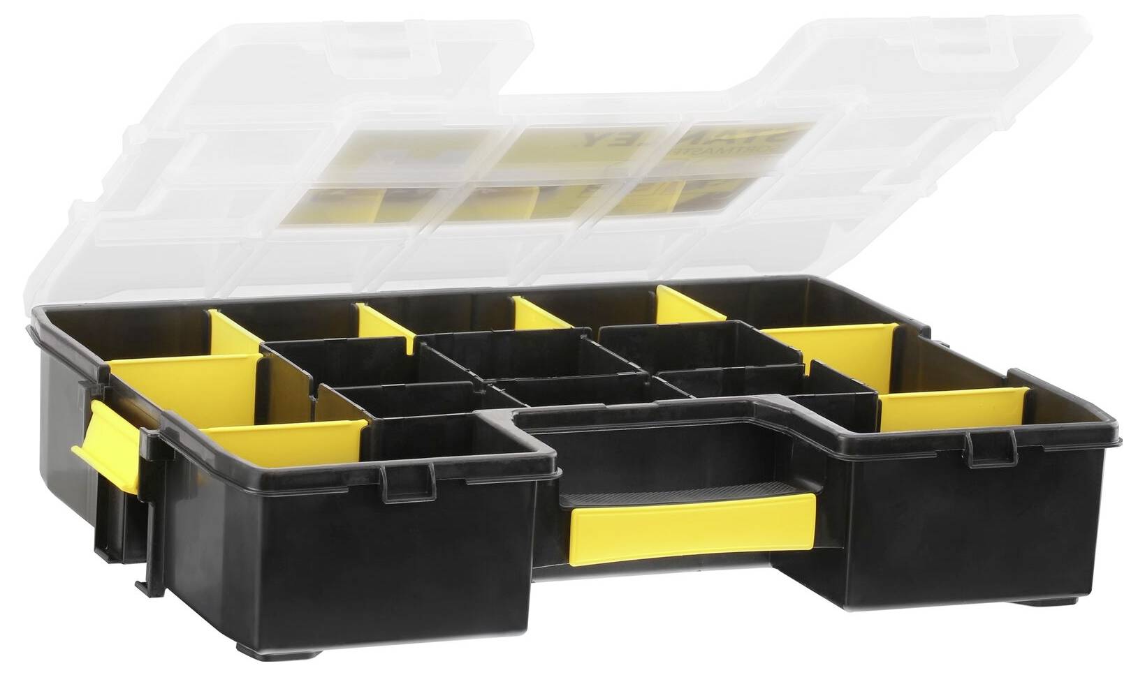 'Black tool case with transparent lid and nine yellow compartments. Perfect for storing small items.'